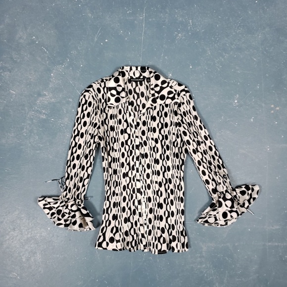 Vintage pleated blouse black white abstract ruffles 3/4 sleeve button down - Picture 2 of 8